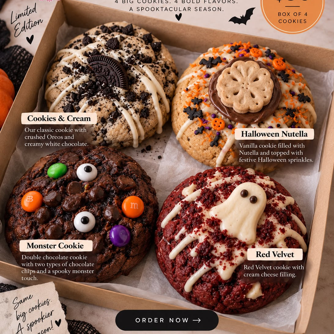 Halloween Cookie Box by Marion's Cakes and Bakery, featuring a box of four assorted cookies: Cookies & Cream, Halloween Nutella, Monster Cookie, and Red Velvet. The box is shown open with the cookies arranged inside, surrounded by seasonal Halloween decorations like pumpkins, bats, and candy corn.
