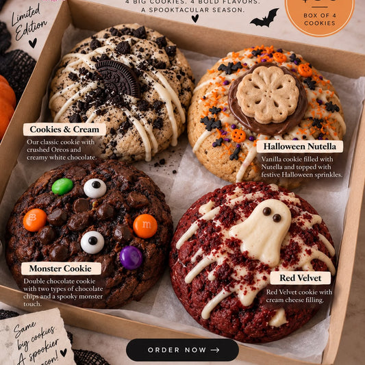 Halloween Cookie Box by Marion's Cakes and Bakery, featuring a box of four assorted cookies: Cookies & Cream, Halloween Nutella, Monster Cookie, and Red Velvet. The box is shown open with the cookies arranged inside, surrounded by seasonal Halloween decorations like pumpkins, bats, and candy corn.